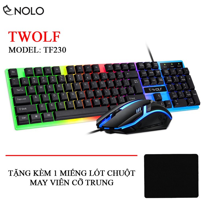 Combo Bàn Phím Giả Cơ Và Chuột Gaming Gear TWOLF TF230 Led RGB 3D Dây Dài 1,3M Chui USB Tặng Kèm Lót Chuột May Viền