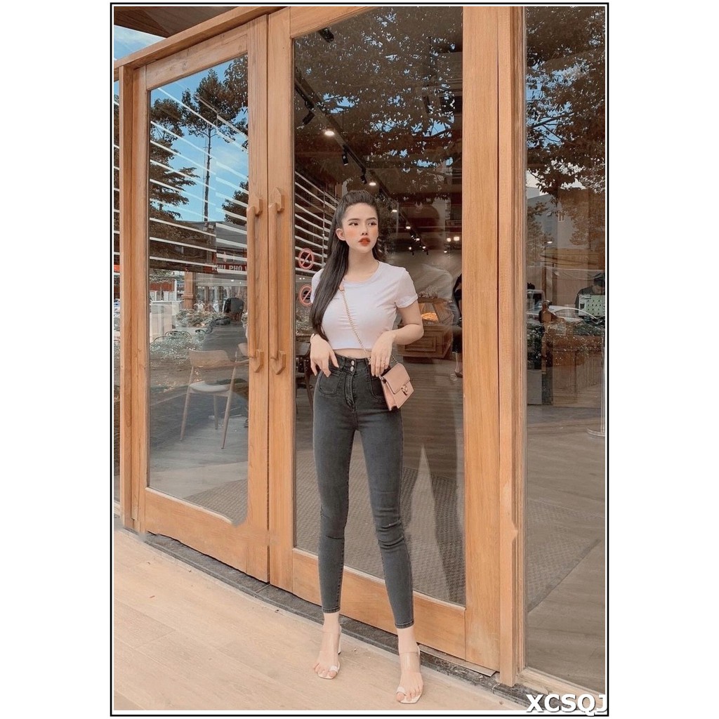 Quần jean nữ lưng cao XÁM-  2 CÚC TRƯỚC - HAI TÚI BẦU k tua lai chất jean giãn tốt -bautui11