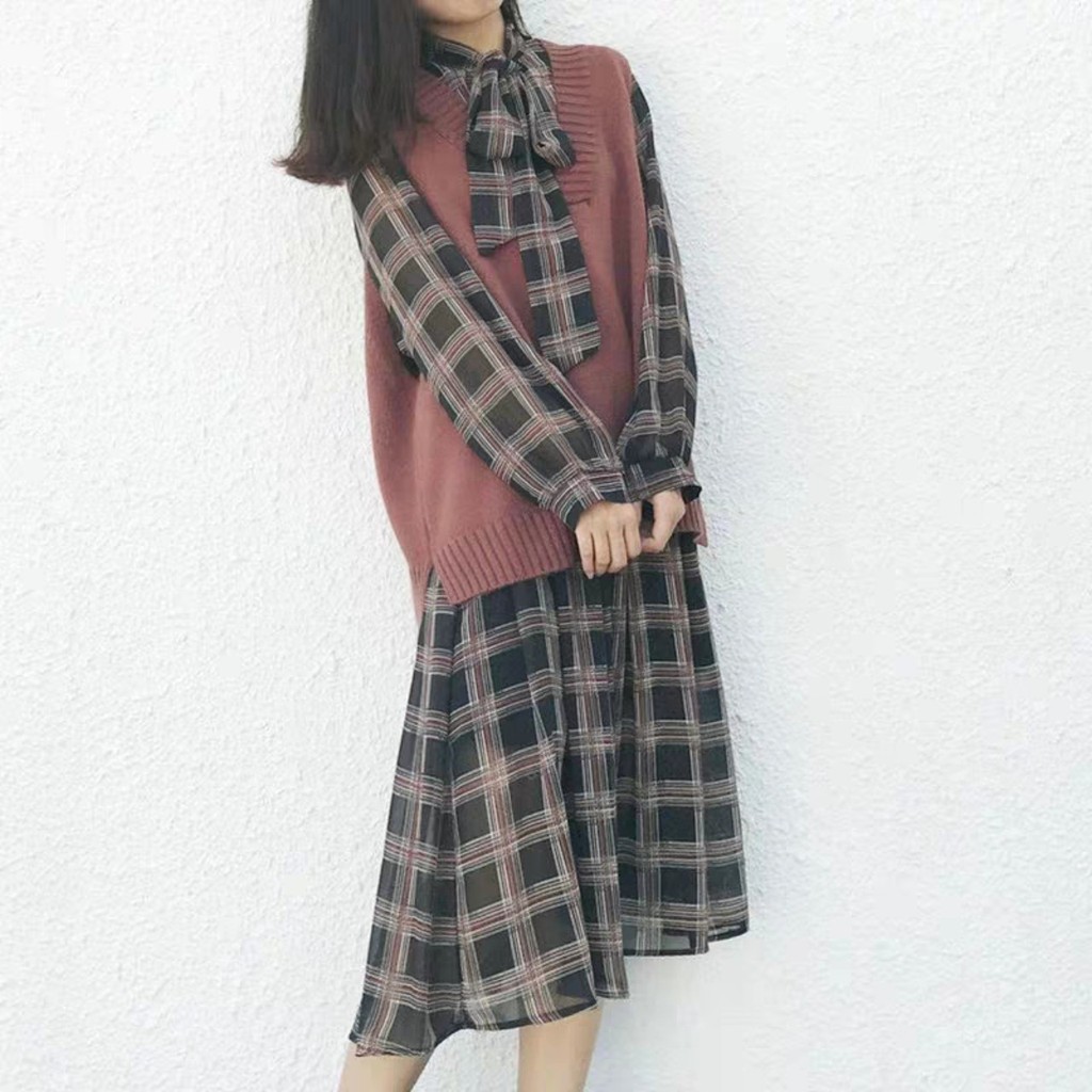 (ORDER) Set váy thu đông kẻ sọc thắt nơ + Áo len gile Vintage Hàn Quốc - Có ảnh thật