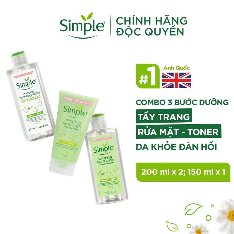 COMBO LÀM SẠCH SIMPLE TẨY TRANG + SỮA RỬA MẶT + NƯỚC HOA HỒNG