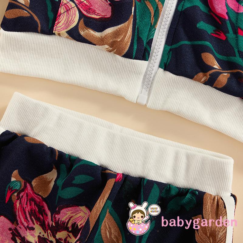 Set áo khoác tay dài cổ tròn in họa tiết hoa + quần dài thời trang mùa thu cho bé gái