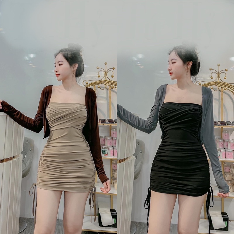 SET VÁY QUÂY NHÍU KÈM ÁO KHOÁC PHỐI MÀU