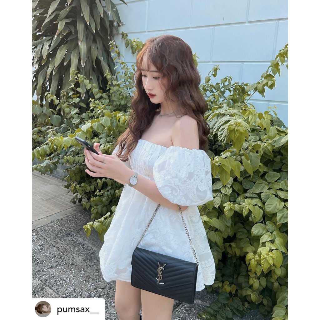 [Sẵn] Áo ren trễ vai tay bo nhún ngực trễ vai hoa chìm siêu xinh