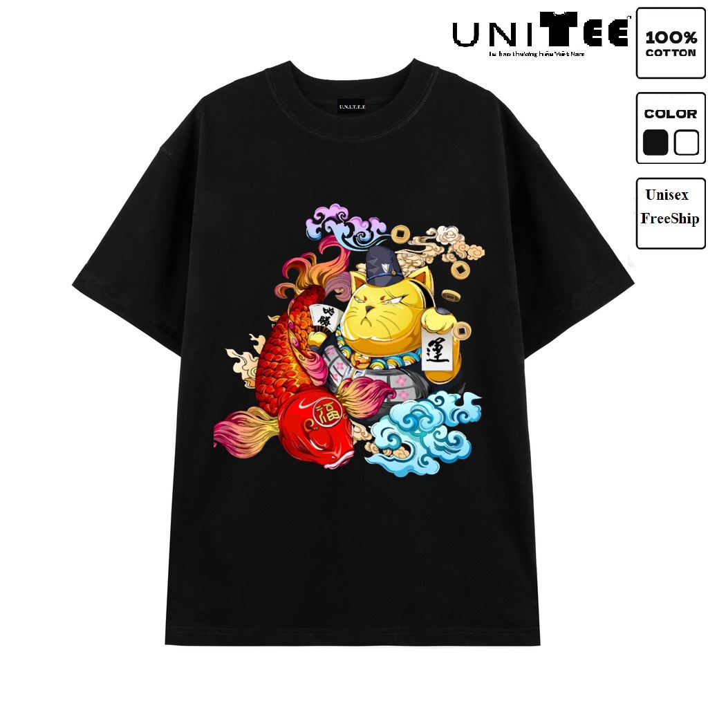 Áo thun tay lỡ Form rộng UT566 ❤️ UniTee ❤️ Áo phông Unisex nam nữ 45-60kg đen trắng in hình Mèo Thần tài FortuneCat | BigBuy360 - bigbuy360.vn