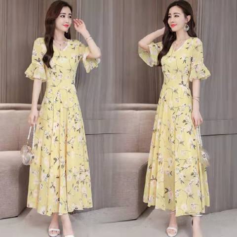 Đầm Dài Tay Ngắn Cổ Chữ V In Họa Tiết Hoa Nhí Xinh Xắn Thời Trang Cho Nữ