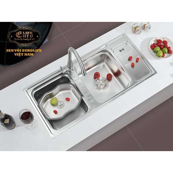 Chậu rửa chén Eurolife EL-C7 (Trắng bạc) + Chậu Inox nhỏ có xả Eurolife C18 (Trắng bạc)