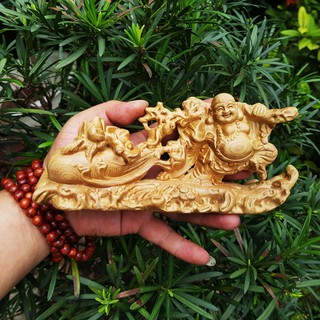 Tượng gỗ DI LẶC KÉO BAO TIỀN kết hợp họa tiết đào tiên, gỗ BÁCH XANH, để xe ô tô hay trang trí nhà cửa