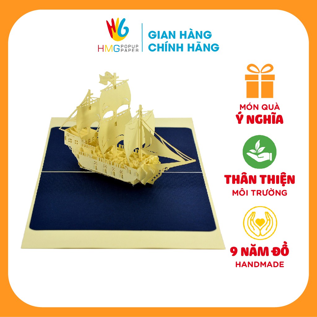 Thiệp Nổi 3D HMG Mô Hình Thuyền To, Cùng Hai Màu Trắng Kem Nền Xanh, Đỏ Nền Trắng