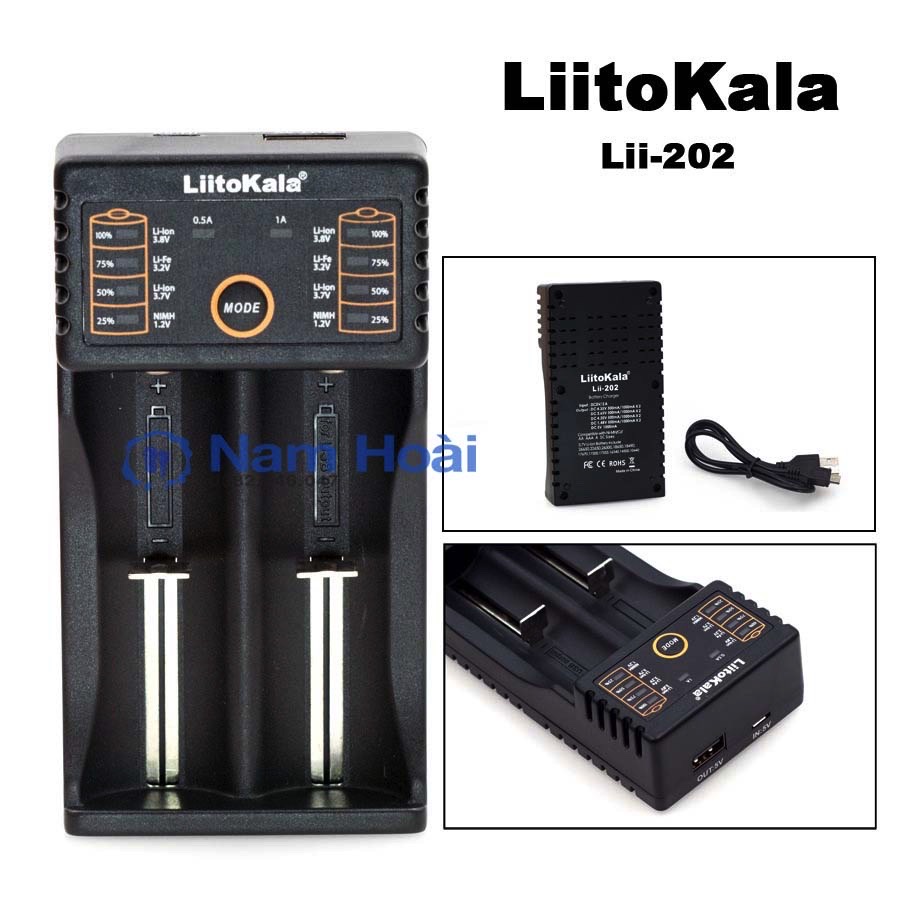 Sạc pin đa năng Liitokala lii-202 hai khe pin cho pin 26650, 18650, AA, AAA...