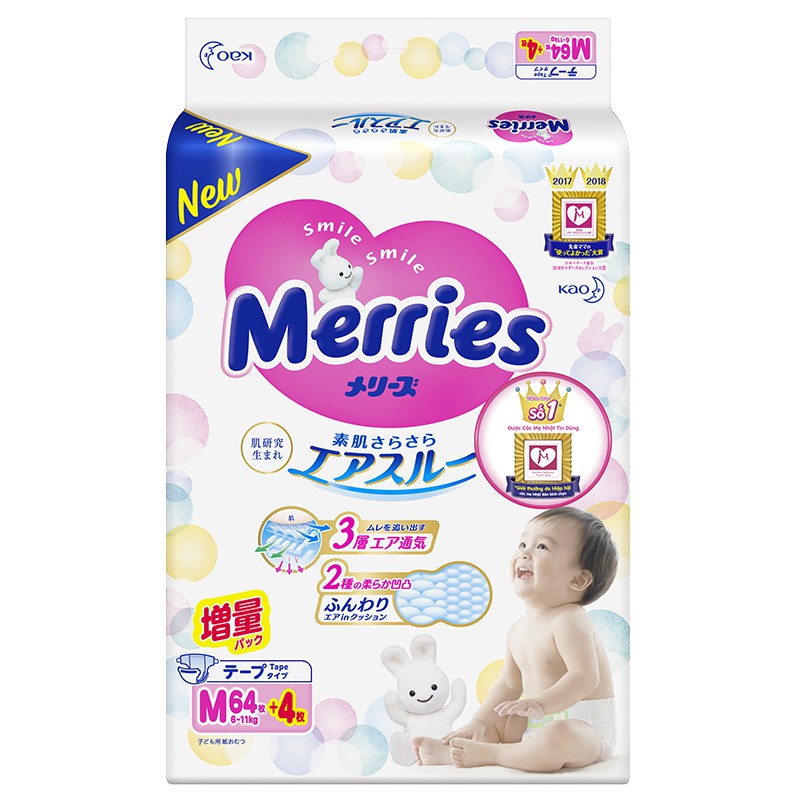 Bỉm Merries Nội Địa Nhật, Tã Dán/ Quần Meries Loại Tặng Miếng Đủ Size NB90/S82/M64/M58/L44