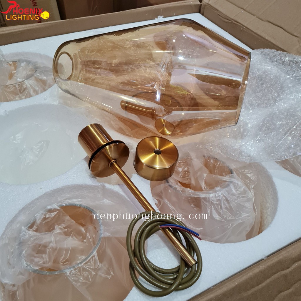 Đèn thả đuôi đồng chao thuỷ tinh màu trà trang trí cực đẹp - Đèn Phượng Hoàng