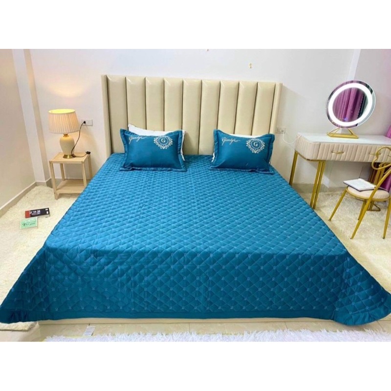 Bộ chăn ga gối phi lụa trần bông combo 5 món thêu sang trọng