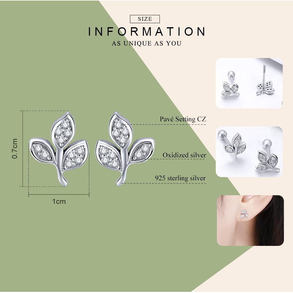 Hoa tai Bamoer kim loại hình lá xi bạc đính đá lấp lánh hợp thời trang