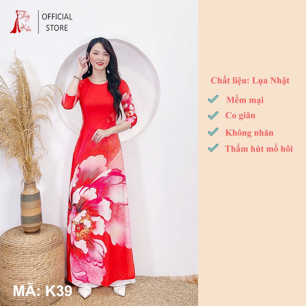 Áo dài nữ truyền thống thiết kế may sẵn tết cách tân nữ nền đỏ cam K39 Thúy Kiều mềm mại co giãn áo dài giá rẻ