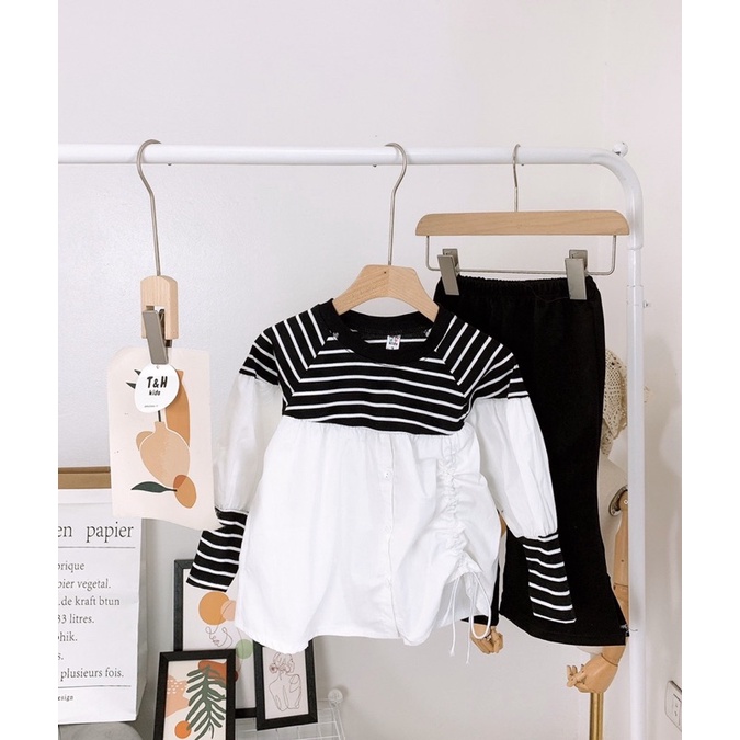 Sét áo sơ mi rút dây phối kẻ sọc quần loe cho bé gái từ 10-20kg💋