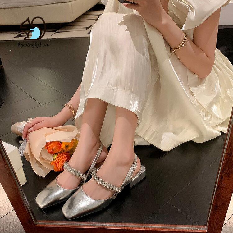Giày Sandal Gót Dày Hở Ngón Mũi Vuông Đính Đá Thời Trang Cho Nữ