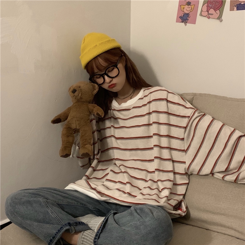 Korean unisex casual striped sweater round neck pullover ulzzang loose（3 colors） | BigBuy360 - bigbuy360.vn
