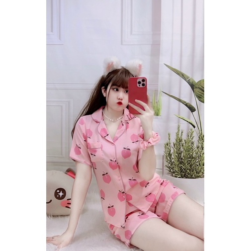 BỘ PIJAMA ĐÙI CHẤT LỤA MANGO HÀNG THIẾT KẾ HOẠ TIẾT DỄ THƯƠNG KÈM DÂY BUỘC TÓC