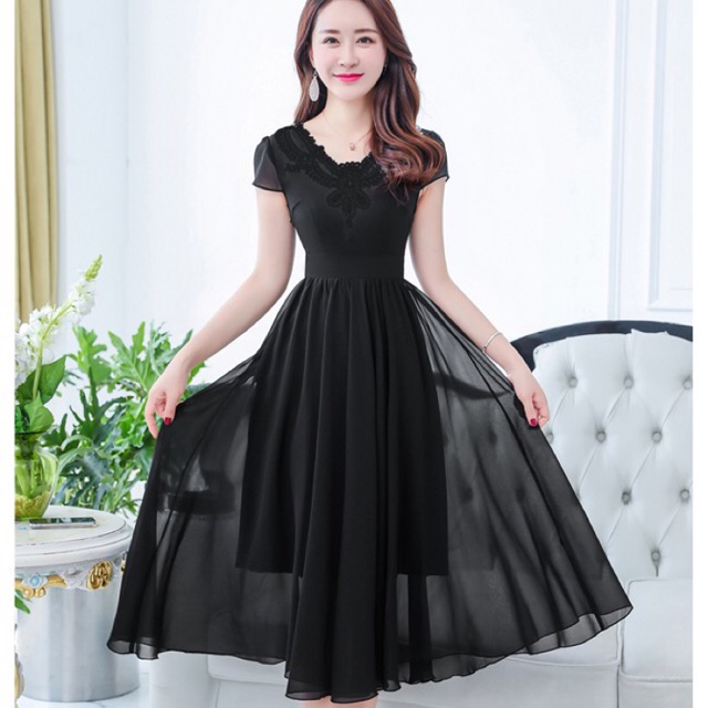Đầm xoè chiffon có lót phối ren cao cấp size M L Xl (45-62kg) màu tím, đen