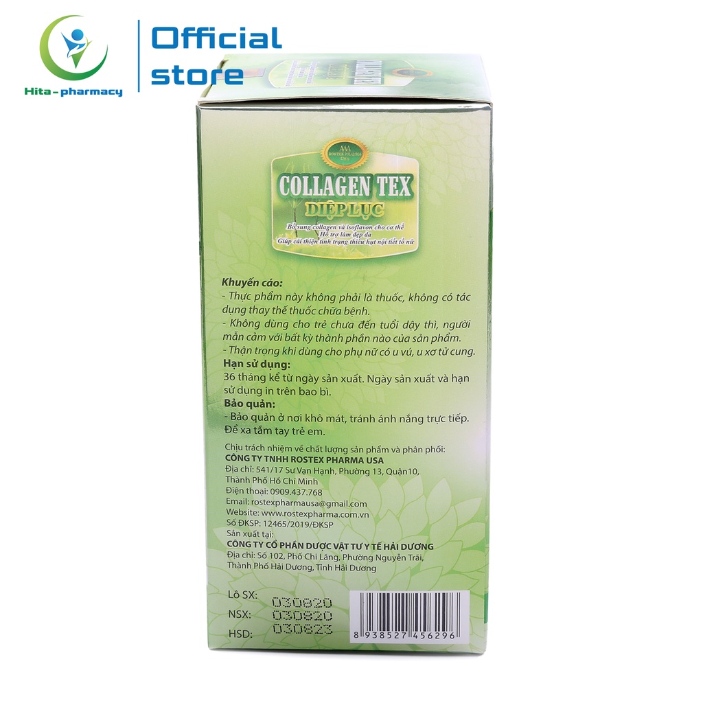 Collagen Tex Diệp Lục HDPHARMA làm đẹp da, chống lão hóa, ngừa nếp nhăn - Chai 60 viên