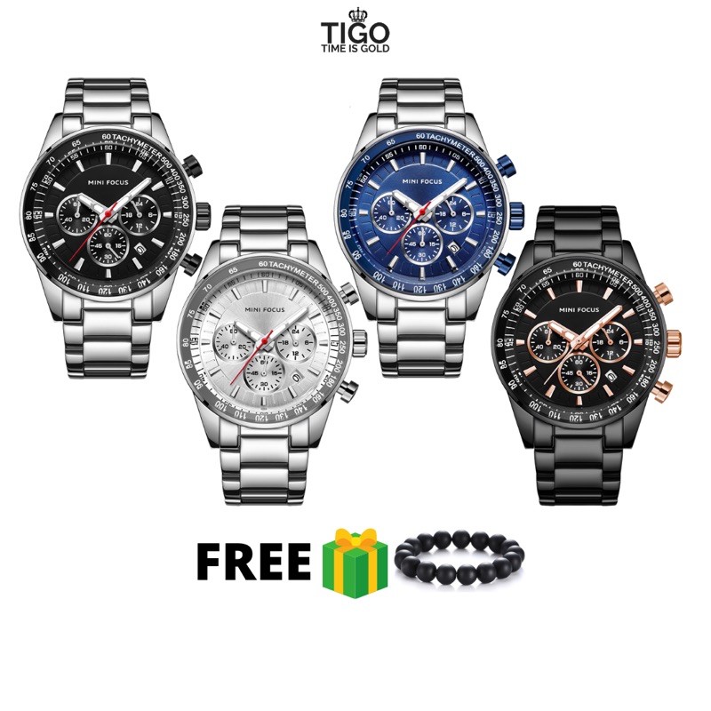 Đồng Hồ Nam MINI FOCUS MF0187G.01 Dây Thép Bạc Mặt Đen Chống Nước 6 Kim Cao Cấp - TIGO