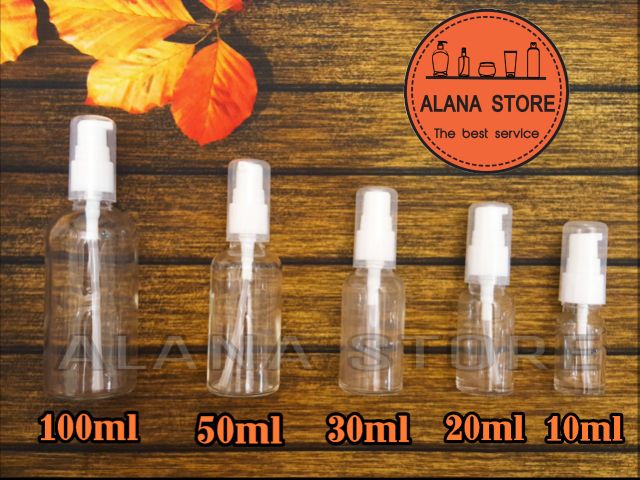 Lọ chiết mỹ phẩm thủy tinh trong vòi ấn ngắn trắng 100ml