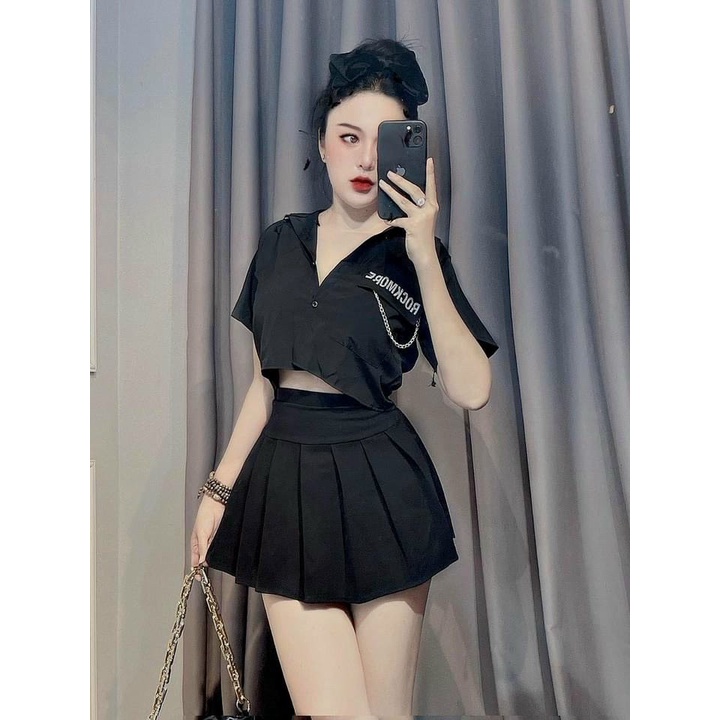 Áo sơ mi croptop phối túi in chữ dây xích cực hot , chất kate lụa mềm mịn mát