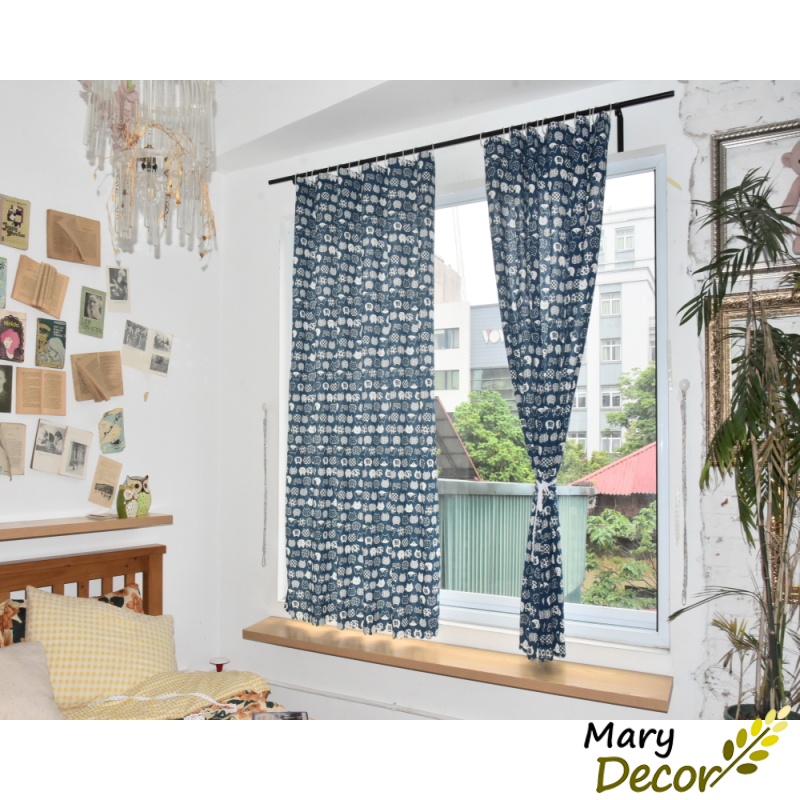 Rèm cửa chống nắng, rèm cửa sổ Loại 1, vải treo tường trang trí decor phòng ngủ phòng khách Mèo Kitty xanh R-G02