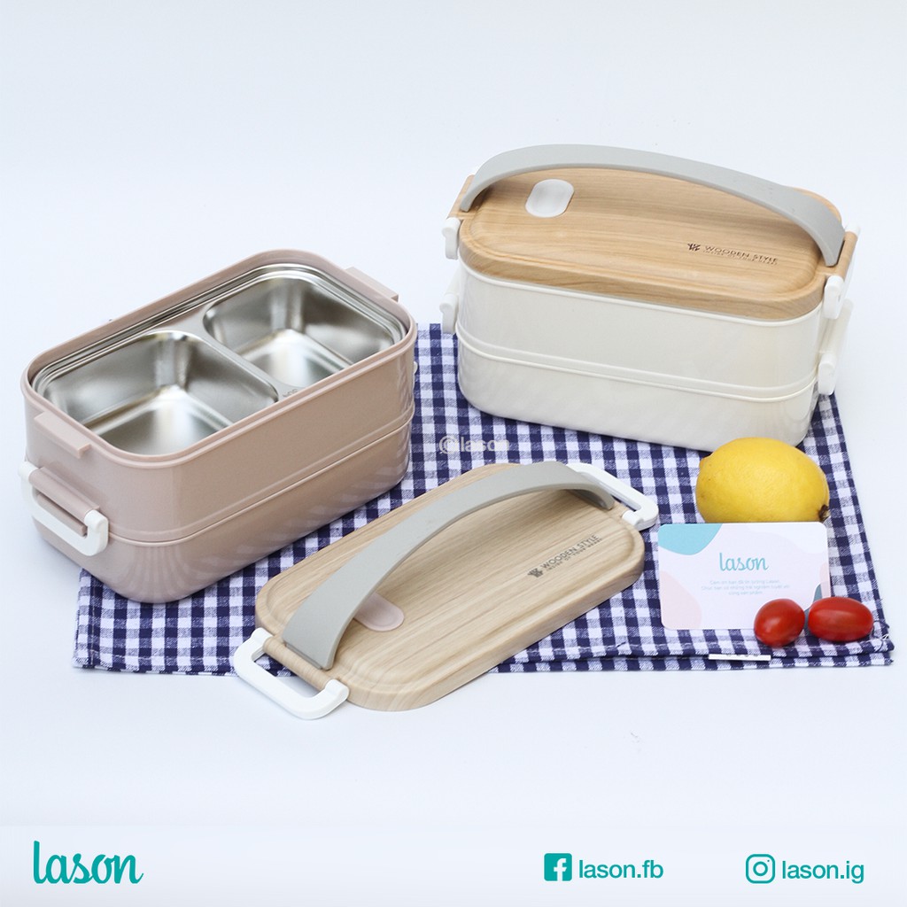 [HÀNG HOT] Hộp cơm Wooden 2 tầng - Lõi inox, tiện ích, mang cơm trưa tiện lợi, quai xách chắc chắn, an toàn