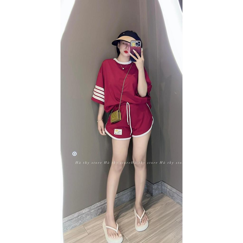 Set đồ bộ nữ thể thao chất thun gân co dãn họa tiết sọc ở tay trẻ trung năng động