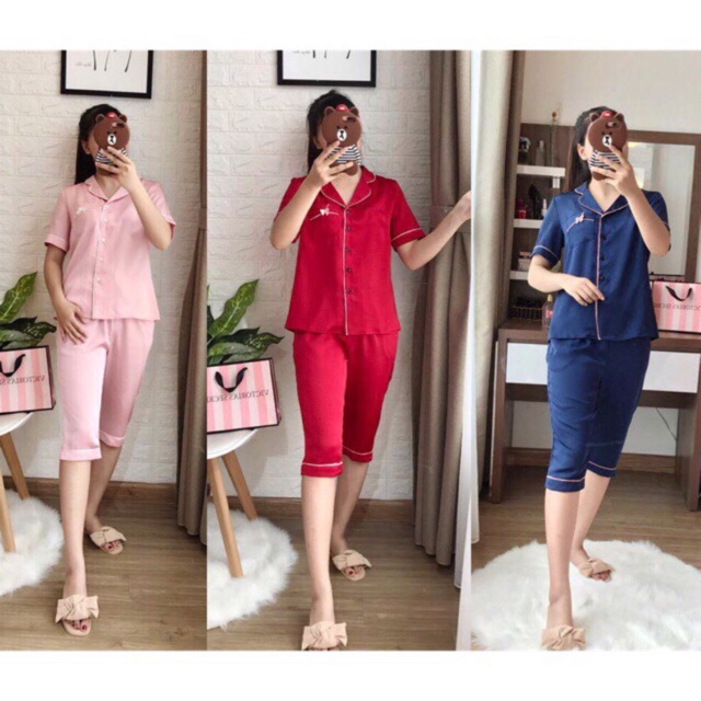 [Sỉ] Đồ Bộ Mặc Nhà Pijama Phi Lụa &quot;Quần Lửng - Áo Cộc Cao Cấp