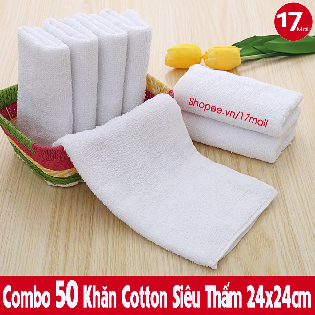 Combo 50 khăn trắng cotton 24x24 đa dụng, khăn vuông lau bếp, xe ô tô, lau quán ăn, bệnh viện, spa, nail, trường học