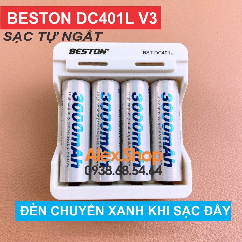 [DC401L] Bộ 4 Pin Sạc BESTON AA/AAA 3300/3000/1200/1300mAh Pin Sạc Hoặc Kèm Sạc 401L Tự Ngắt Có Đèn Chuyển Báo Sạc