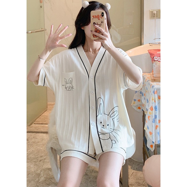 HÀNG SẴN_Bộ Ngủ Pyjama Cotton Kiểu Cổ Yukata Korea Style Mùa Hè 2021