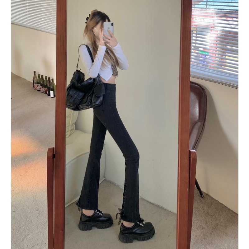Quần jeans Nữ Lưng Cao Ống Loe Đan Dây Quyến Rũ