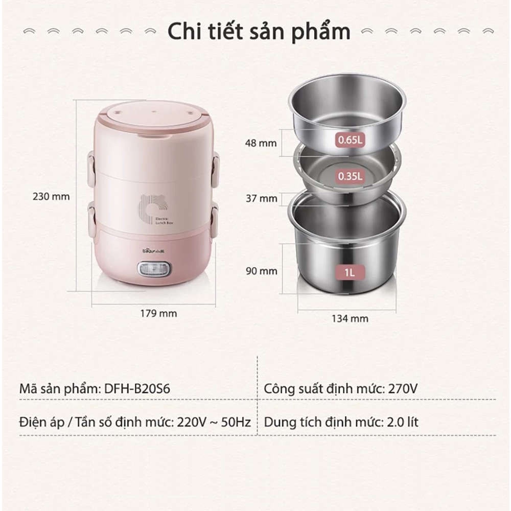 [Bear Chính Hãng]Hộp Cơm Cắm Điện Giữ Nhiệt Bear DFH-B20S6 màu hông nhạt, dung tích 2l, 3 khay Inox, bảo hành 18 Tháng.
