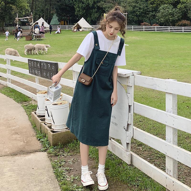 Váy dây denim xanh lá cây Nữ nhỏ tươi mát Mùa hè mới phong cách Hàn Quốc lỏng lẻo Học sinh phù hợp với dài tru