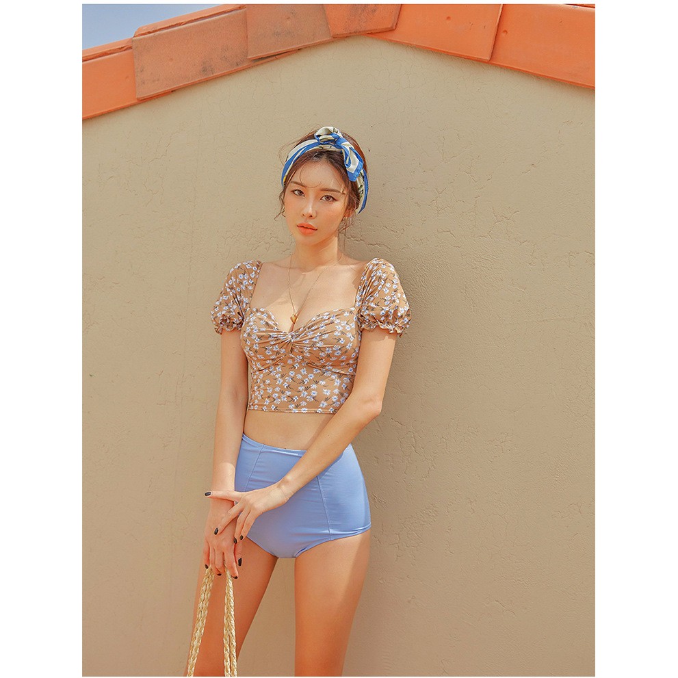 Bikini áo cổ vuông hoa nhí quần cạp cao Quảng Châu
