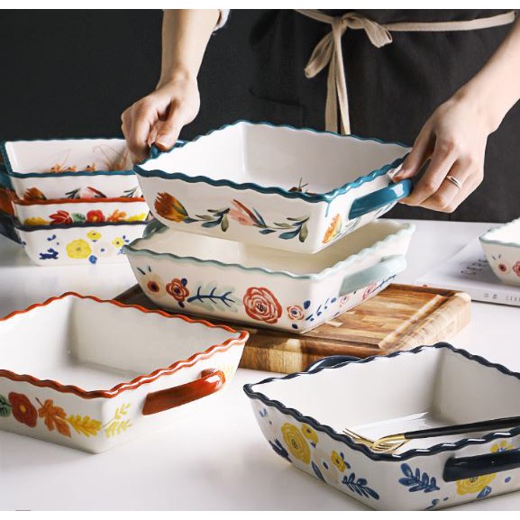 XẢ KHO - Khay sứ viền sóng bỏ lò nướng