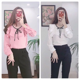 Áo sơ mi cổ tròn bèo phối nơ 2 màu