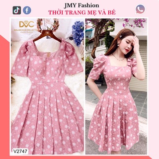 V2887 Váy hoa nhí hồng tím xếp ly cổ vuông tiểu thư nữ tính - (DVC&ACC) Dolce viva colection