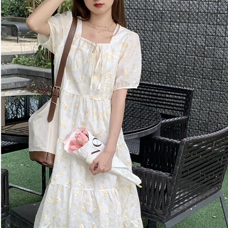 Đầm Tay Phồng Cổ Vuông Họa Tiết Hoa Phong Cách Hàn Quốc Mới