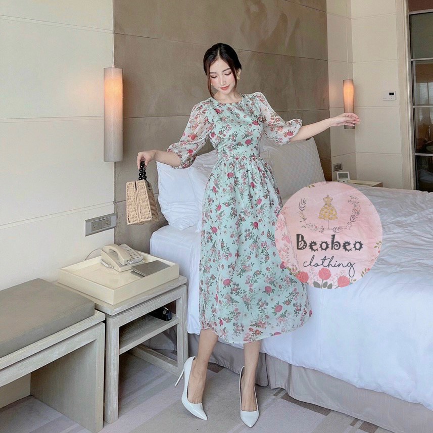 Đầm midi voan hoa nhí tay phồng thắt nơ vintage