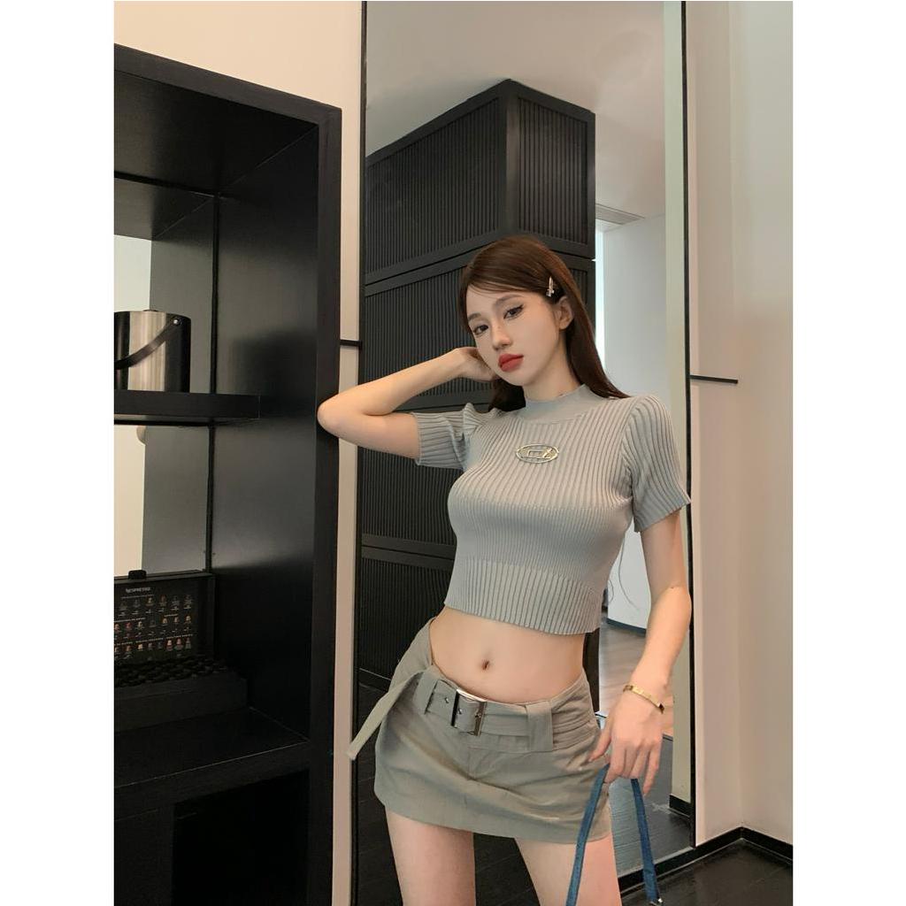 HUANG YOYO Áo Thun Croptop Dệt Kim Tay Ngắn Cổ Tròn Dáng Ôm Thời Trang Mùa Hè Cho Nữ