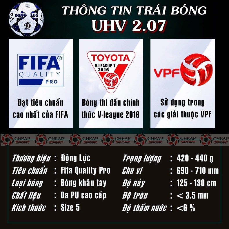 Quả Bóng Đá Tiêu Chuẩn Fifa UHV 2.07 Size Số 5 Chính Hãng Động Lực (Tặng bơm mini, kim và lưới bóng)