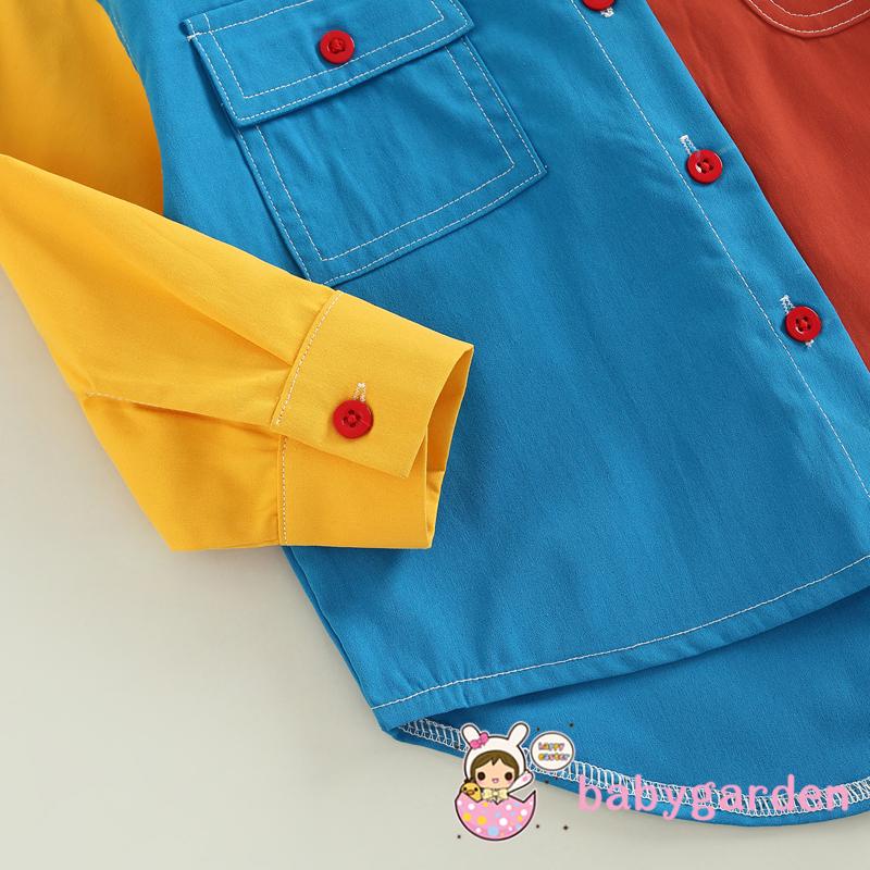 Áo Sơ Mi Tay Dài Cài Khuy Màu Sắc Tương Phản Phối Túi Thời Trang Mùa Thu Cho Bé 2-7 Tuổi