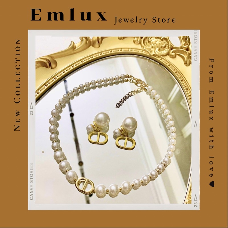 Set 2 món Dây chuyền Khuyên tai nữ hạt trai Dior sang chảnh thanh lịch Emlux Jewelry Store