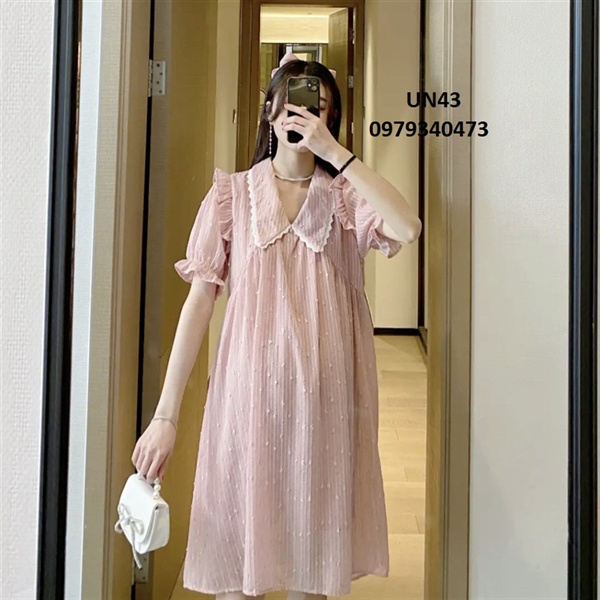 Đầm bầu cổ bèo sơ mi  chất voan 2 màu hồng và kem-UN43