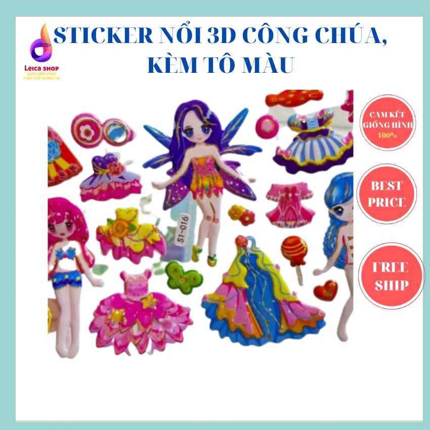 Sticker nổi 3D công chúa thay trang phục kèm tô màu giá rẻ, nhiều mẫu - Leicashop