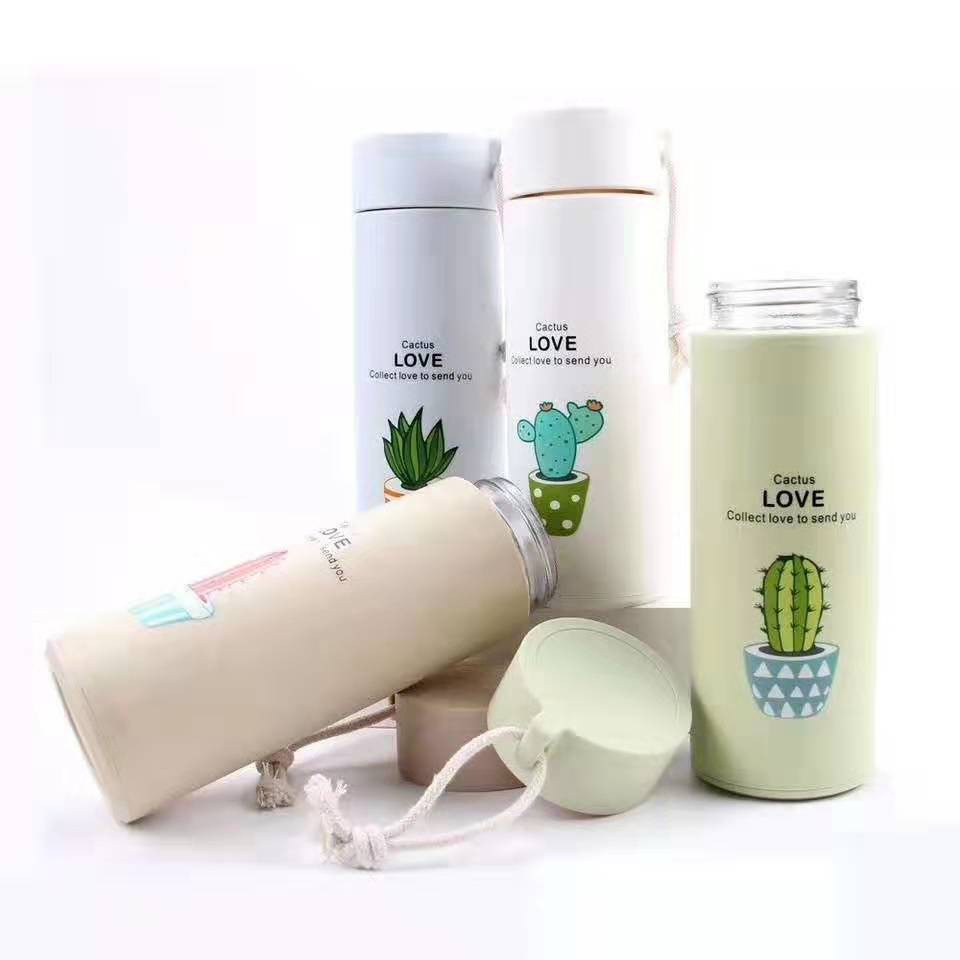 [Mã LIFEHLSALE2 giảm 10% đơn 0Đ] Bình Giữ Nhiệt Thủy Tinh Bọc Nhựa Lúa Mạch 450ml Họa Tiết Xương Rồng, Chống Va Đập,